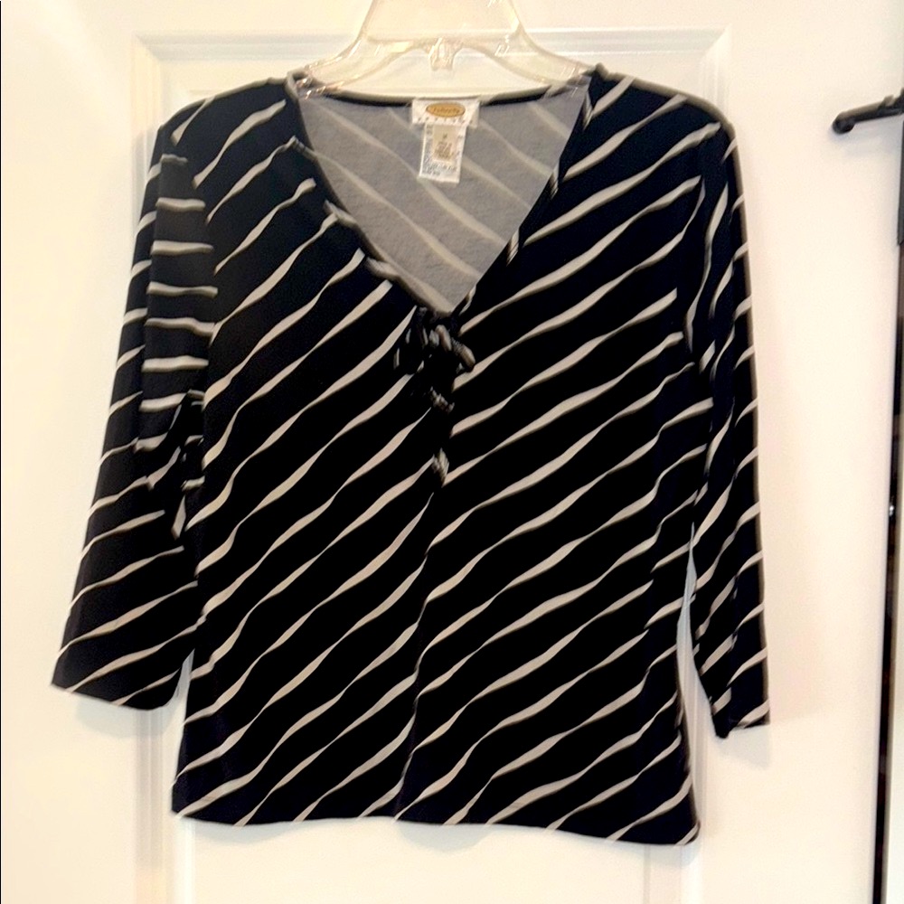 Vintage Talbots Zebra Like Stripe V-Neck Blouse With 3/4 Sleeve